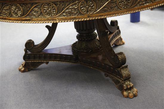 A mid 19th century Anglo Indian carved padouk wood circular breakfast table, W.5ft